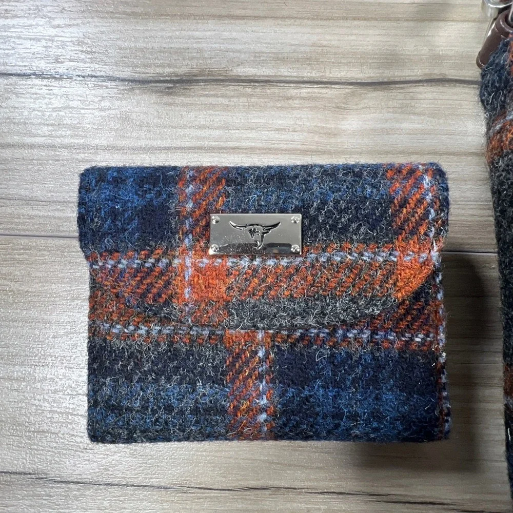 Glenn Appin Harris Tweed Wool Plaid Satchel Handbag and Wallet Set Blue Orange